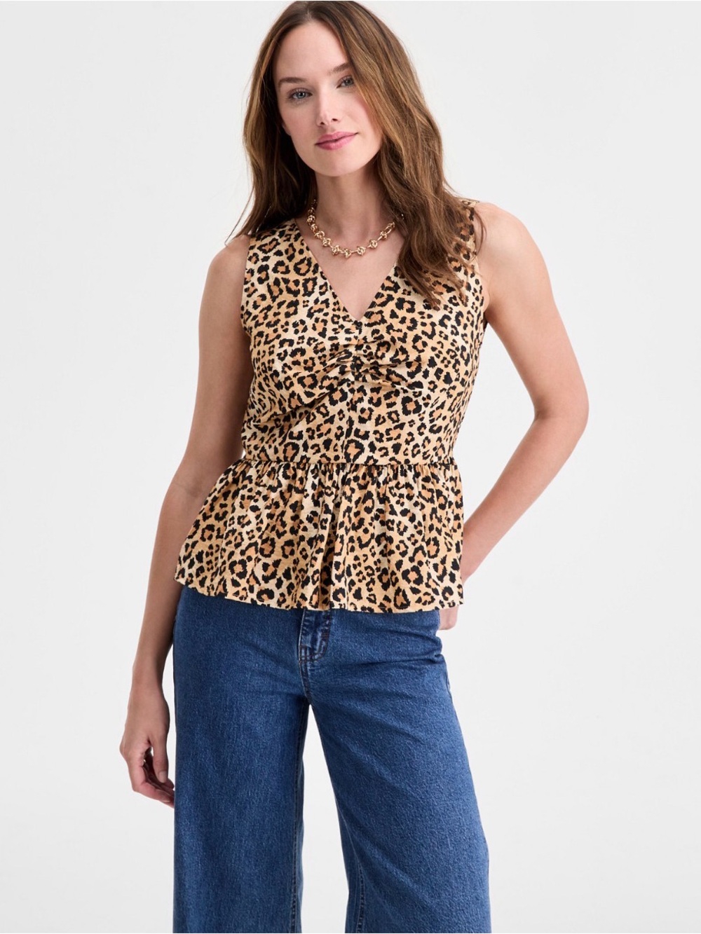 Leopard Print Peplum V-Neck Camisole - Tan/Black